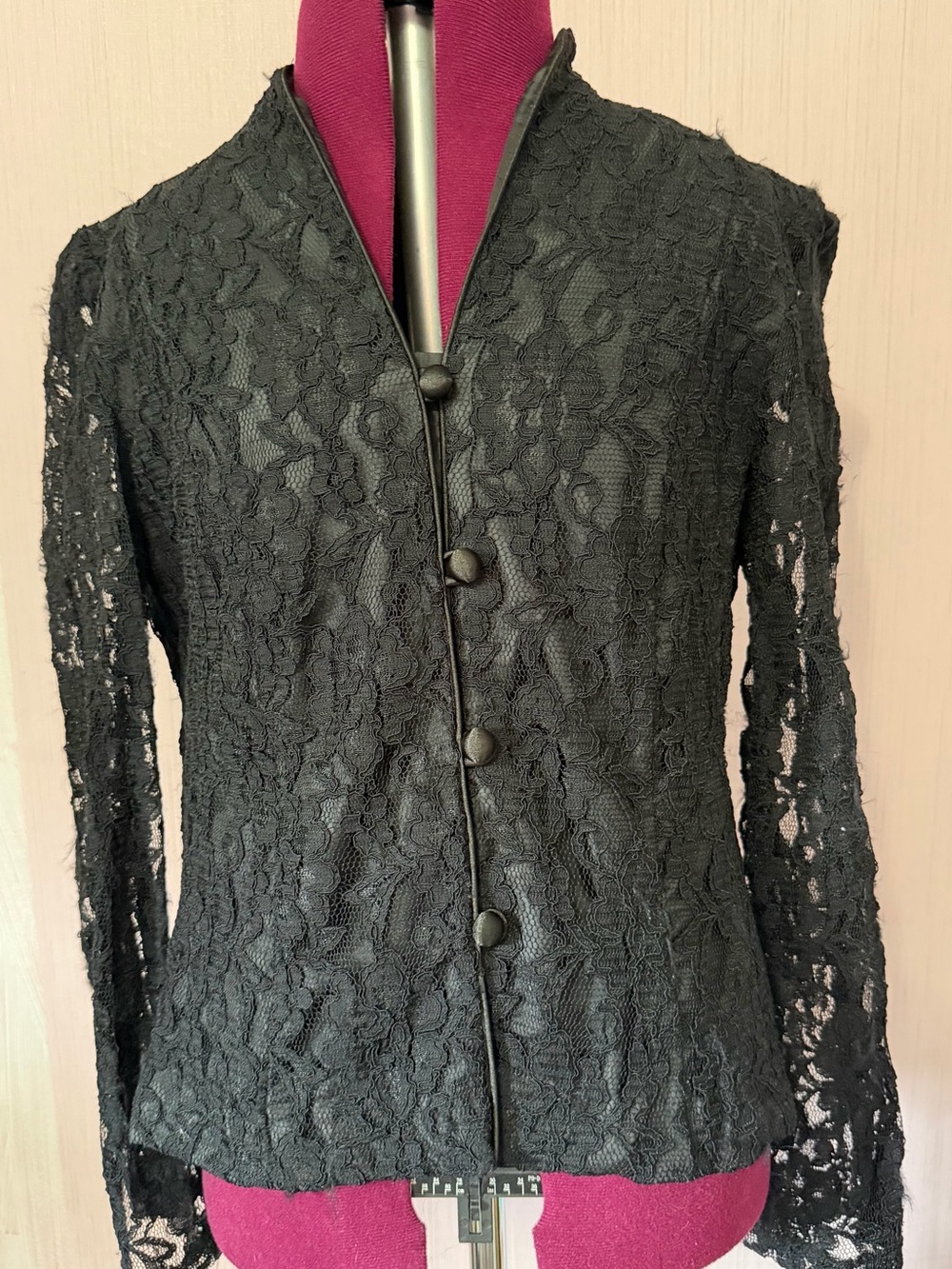 VTG R&K Evening Black Lace Jacket Blouse Sz 6 Sheer Sleeve Dynasty Glam Mob Wife